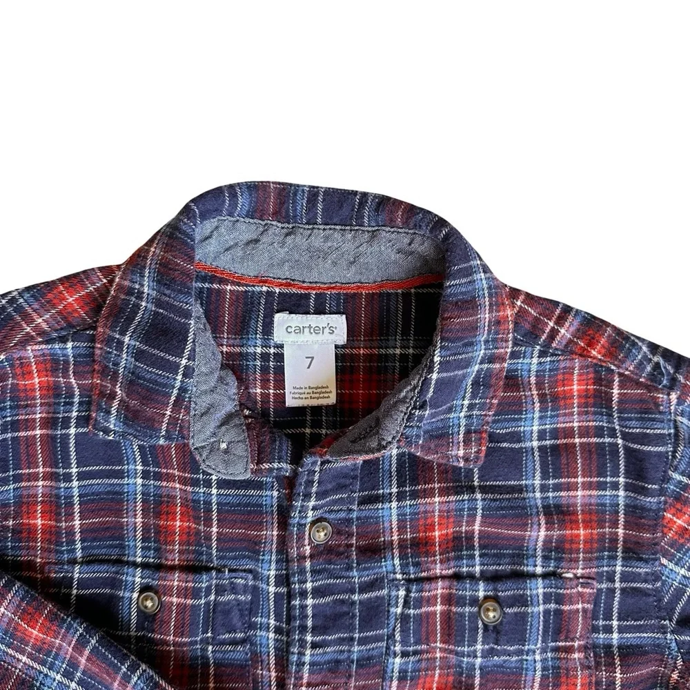 Carter's Size 7 Boys Blue Red Flannel button down long sleeve shirt